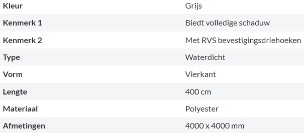 Zonnedoek Waterdicht Grijs Vierkant 4x4m - 160gr/m2 - Kenmerken schaduwdoek 4x4m - Zonnedoek Waterdicht Grijs 4x4m