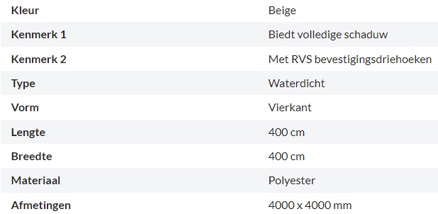 Zonnedoek Waterdicht Beige Vierkant 4x4m - 160gr/m2 - Kenmerken schaduwdoek beige 4x4m - Zonnedoek Waterdicht Beige 4x4m