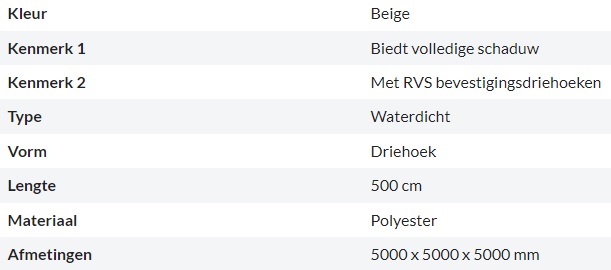 Zonnedoek Waterdicht Beige Driehoek 5x5x5m - 160gr/m2 - Kenmerken schaduwdoek driehoek beige 5x5x5m - Zonnedoek Waterdicht Beige 5x5x5m