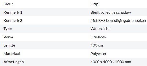 Zonnedoek Waterdicht Grijs Driehoek 4x4x4m - 160gr/m2 - Kenmerken schaduwdoek driehoek grijs 4x4x4m - Zonnedoek Waterdicht Grijs 4x4x4m