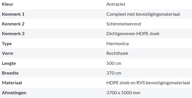 Zonnedoek Harmonica Antraciet Rechthoek 3,7x5m - 285gr/m2 - Kenmerken schaduwdoek harmonica rechthoek antraciet 3 7x5m - Zonnedoek Harmonica Antraciet 3,7x5m