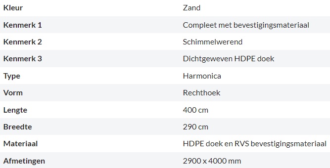 Zonnedoek Harmonica Zand Rechthoek 2,9x4m - 285gr/m2 - Kenmerken schaduwdoek harmonica rechthoek zand 2 9x4m - Zonnedoek Harmonica Zand 2,9x4m