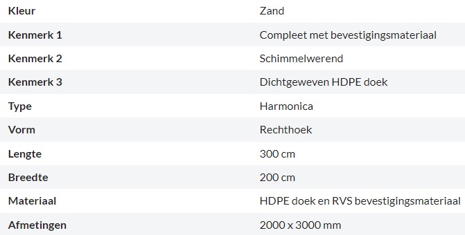 Zonnedoek Harmonica Zand Rechthoek 2x3m - 285gr/m2 - Kenmerken schaduwdoek harmonica rechthoek zand 2x3m - Zonnedoek Harmonica Zand 2x3m