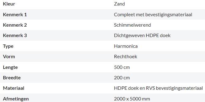 Zonnedoek Harmonica Zand Rechthoek 2x5m - 285gr/m2 - Kenmerken schaduwdoek harmonica rechthoek zand 2x5m - Zonnedoek Harmonica Zand 2x5m