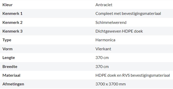 Zonnedoek Harmonica Antraciet Vierkant 3,7x3,7m - 285gr/m2 - Kenmerken schaduwdoek harmonica vierkant antraciet 3 7x3 7m - Zonnedoek Harmonica Antraciet 3,7x3,7m