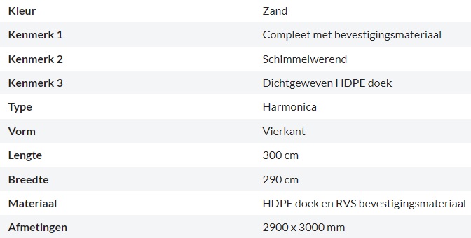 Zonnedoek Harmonica Zand Vierkant 2,9x3m - 285gr/m2 - Kenmerken schaduwdoek harmonica vierkant zand 2 9x3m - Zonnedoek Harmonica Zand 2,9x3m