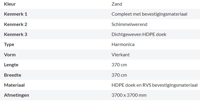 Zonnedoek Harmonica Zand Vierkant 3,7x3,7m - 285gr/m2 - Kenmerken schaduwdoek harmonica vierkant zand 3 7x3 7m - Zonnedoek Harmonica Zand 3,7x3,7m
