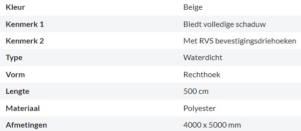 Zonnedoek Waterdicht Beige Rechthoek 4x5m - 160gr/m2 - Kenmerken schaduwdoek rechthoek beige 4x5m - Zonnedoek Waterdicht Beige 4x5m