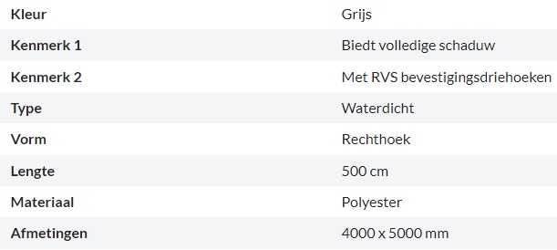 Zonnedoek Waterdicht Grijs Rechthoek 4x5m - 160gr/m2 - Kenmerken schaduwdoek rechthoek grijs 4x5m - Zonnedoek Waterdicht Grijs 4x5m