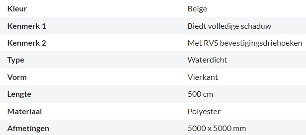 Zonnedoek Waterdicht Beige Vierkant 5x5m - 160gr/m2 - Kenmerken schaduwdoek vierkant beige 5x5m - Zonnedoek Waterdicht Beige 5x5m