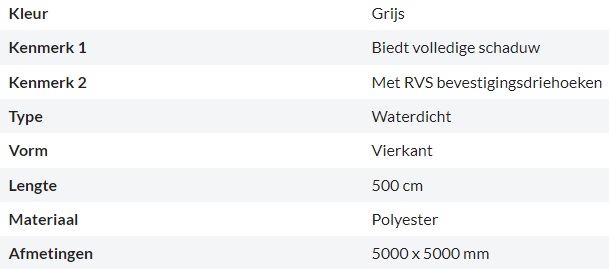 Zonnedoek Waterdicht Grijs Vierkant 5x5m - 160gr/m2 - Kenmerken schaduwdoek vierkant grijs 5x5m - Zonnedoek Waterdicht Grijs 5x5m