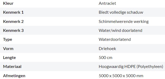 Zonnedoek Waterdoorlatend Antraciet Driehoek 5x5x5m - 320gr/m2 - Kenmerken schaduwdoek waterdoorlatend driehoek antraciet 5x5x5m - Zonnedoek Waterdoorlatend Antraciet 5x5x5m