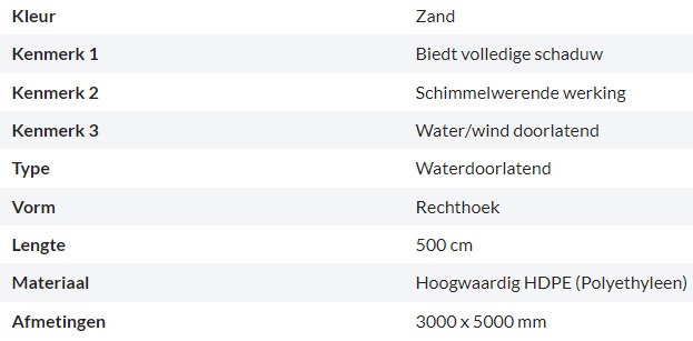 Zonnedoek Waterdoorlatend Zand Rechthoek 3x5m - 320gr/m2 - Kenmerken schaduwdoek waterdoorlatend rechthoek zand 3x5m - Zonnedoek Waterdoorlatend Zand 3x5m