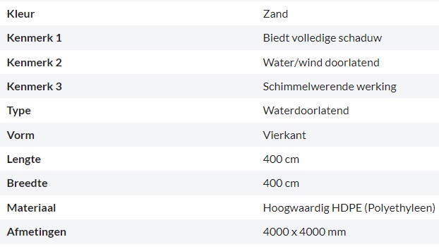 Zonnedoek Waterdoorlatend Zand Vierkant 4x4m - 320gr/m2 - Kenmerken schaduwdoek waterdoorlatend vierkant zand 4x4m - Zonnedoek Waterdoorlatend Zand 4x4m