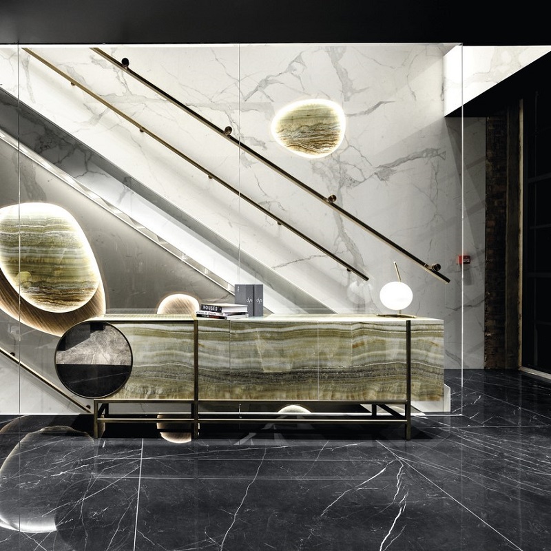 Ariostea Ultra Onici Green Onyx Vein Cut Lucidato Shiny diverse afmetingen - Marble effect green floors green onyx vein cut 07 - Ariostea Green Onyx Shiny 37,5x75cm
